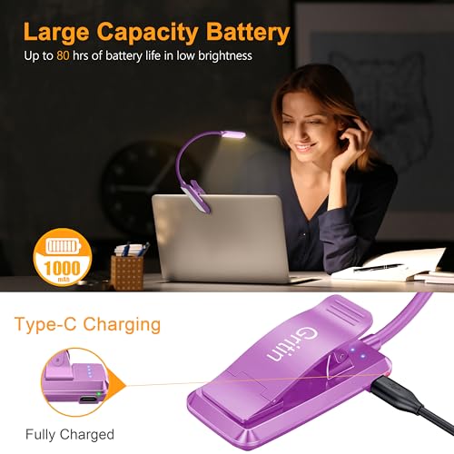 Gritin 9 LED Rechargeable Book Light for Reading in Bed | Eye Caring 3 Color Temps,Stepless Dimming Brightness,80 Hrs Runtime Small Lightweight Clip On Book Reading Light-Dark Purple - color: Dark Purple