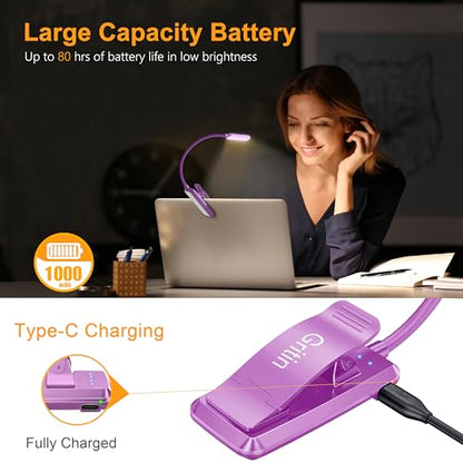 Gritin 9 LED Rechargeable Book Light for Reading in Bed | Eye Caring 3 Color Temps,Stepless Dimming Brightness,80 Hrs Runtime Small Lightweight Clip On Book Reading Light-Dark Purple - color: Dark Purple