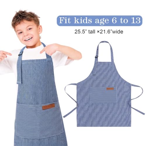 3 Pack Stripes Kids Apron, Adjustable Kids Cooking Aprons with 2 Pockets, Cute Chef Baking Aprons for Boys and Girls - color: Light Blue + Dark Blue + Rose Red, size: 45x50cm