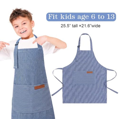 3 Pack Stripes Kids Apron, Adjustable Kids Cooking Aprons with 2 Pockets, Cute Chef Baking Aprons for Boys and Girls - color: Light Blue + Dark Blue + Rose Red, size: 55x65cm