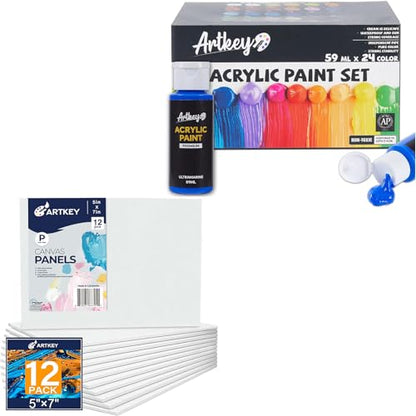 Canvas Panels 5x7 Inch 12-Pack, Acrylic Paint Set 24 Colors 2oz/59ml