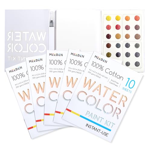 MEEDEN Watercolor Paint Set - 24 Colors Painting Supplies with 10 Watercolor Papers & Brush, Portable Art Paint Kit Perfect as Travel Set for Outdoor Artist - color: 5 pack