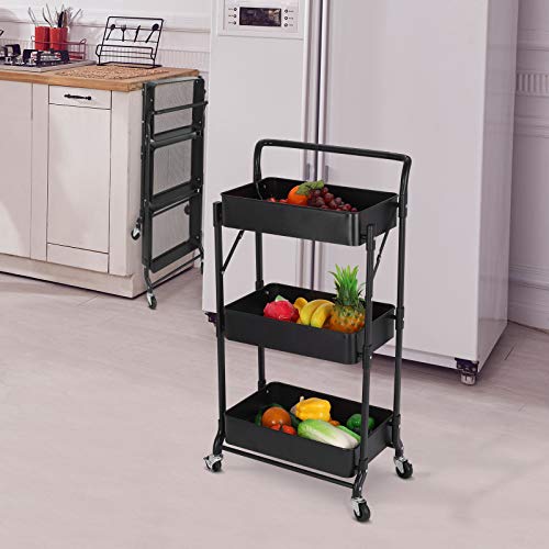 Foldable 3 Tier Metal Utility Rolling Cart, Folding Mobile Multi-Function Storage Trolley Organizer Cart for Home Library Office(Black) | Collapsible Rolling Storage Cart with 3 Hanging Cups, Folding Storage Trolley Organizer Cart for Home Office Kitchen(