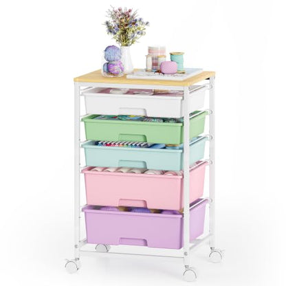 SYKIARIOL 5-Tier Rolling Cart with Drawers with Wooden Top, Ice Cream | Mobile Craft Storage Drawer Cart Trolley for Home Office, Classroom, Craft Room & Kid Room - color: Ice Cream