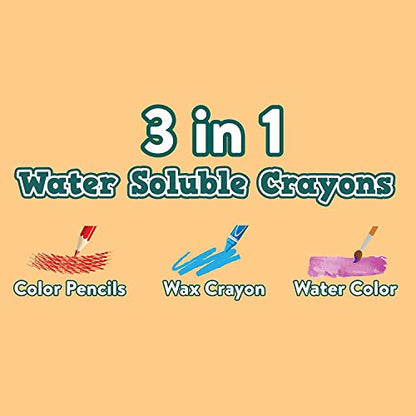 Channie's 3 in 1 Water Soluble Crayons for Kids: Wax Crayons, Color Pencils & Water Color, With Free Paint Brush & Sharpener, Paint on Any Smooth Surface, 12 Color Set