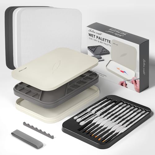 golden maple Wet Pallet for Painting Miniatures 2 in 1 Dry and Wet Palette with Lid, Including 11 Miniature Paint Brushes,100PCS Palette Paper, 4PCS Sponges, Paint Brushes Holders - color: White+Gray