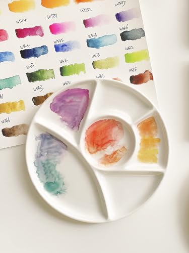 Ceramic Artist Paint Pallet,Tray,Palette,Easy to Clean Porcelain Mixing Tray for Watercolor Gouache Painting,6 Wells,8 inch, White, Round
