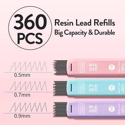 Four Candies Pastel Mechanical Pencil Set with Case, 6-Pack | 0.5/0.7/0.9mm, 360 Leads, 3 Erasers, 9 Eraser Refills, Back to School Supplies for Girls, Cute Aesthetic Stationery - style: 0.5mm + 0.7mm + 0.9mm