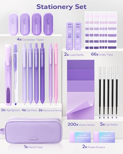 Four Candies Aesthetic Purple School Supplies Kit with Case for Girls - color: Purple