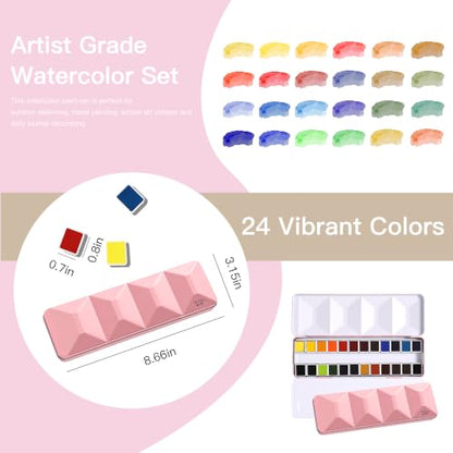 rubens Professional Watercolor Paint Set 24 Colors, High Pigment Solid Half Pans in Chic Pink Diamond-Pattern Metal Case with Ring, Aesthetic Art Gift for Beginners, Artists & Designers - color: Pink