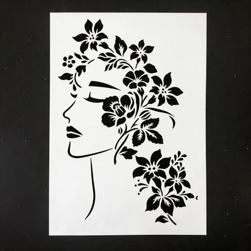 TIAMECH A4 Reusable Floral Woman Face Stencil for Painting | Elegant Lady Profile Layering Template, DIY Wall Art, Wood Furniture, Scrapbook & Crafts (8.3x11.7inch) - style: Floral Woman Face