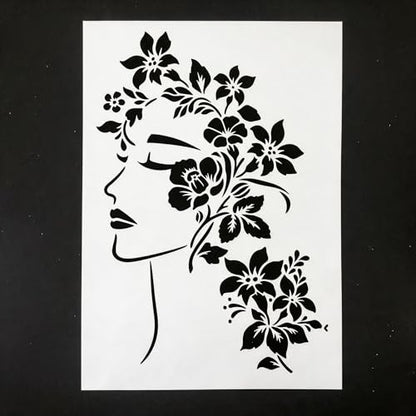 TIAMECH A4 Reusable Floral Woman Face Stencil for Painting | Elegant Lady Profile Layering Template, DIY Wall Art, Wood Furniture, Scrapbook & Crafts (8.3x11.7inch) - style: Floral Woman Face