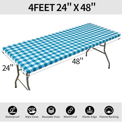 Smiry 4 Foot Picnic Table Cloth, Flannel Backed Fitted Vinyl tablecloths | Waterproof Elastic Rectangle Tablecloth ,Buffalo Plaid Table Covers for Dining, Camping (Turquoise and White, 24" x 48") - color: Turquoise and White, size: 48" x 24" (Rectangular)