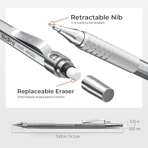Nicpro 4 PCS Metal Mechanical Pencil Set 0.5 mm & 0.7mm with Case | Artist Pencil MP1000 with 6 Tubes HB Lead Refill, 3 Eraser, 9 Eraser Refill For Art Writing Drafting Drawing,Black & Silver - color: Black + Silver (4 Pack)