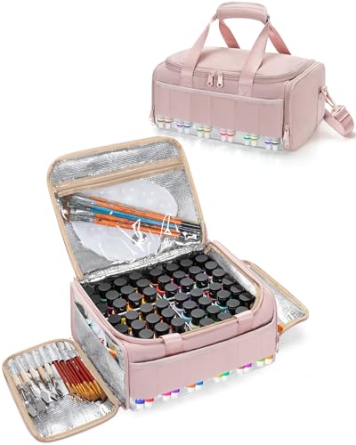 Marscamd Acrylic Paint Organizer Holds 60 Bottles (2 oz), Acrylic Paint Bag | with Tools Storage Sections & Crossbody Strap, Water-repellent fabric, Aluminum-lining, Pink - color: Pink