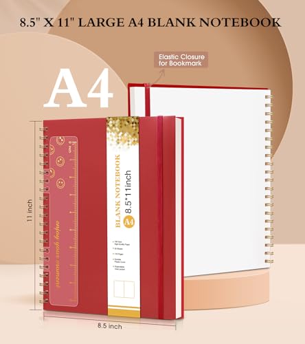 Blank Spiral Notebook Journal 8.5” x 11”, A4 Large Sketch Book for Women Men, 100 GSM Blank Paper Drawing Notebook, Plastic Hardcover Spiral Bound Sketchbook for Sketching Work School Writing, Red - color: Red, size: Plain