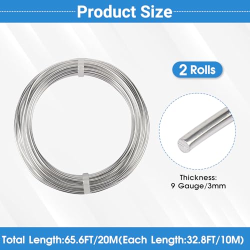 2 Rolls Aluminum Craft Wire, 9 Gauge (3mm) Flexible Metal Wire for Jewelry Making, 65.6 Ft (32.8 Ft/Roll) Bendable Armature Wire for Bonsai, Sculpting and DIY Crafts [Silver] - size: 9Gauge 32.8Ft Each, style: Silver