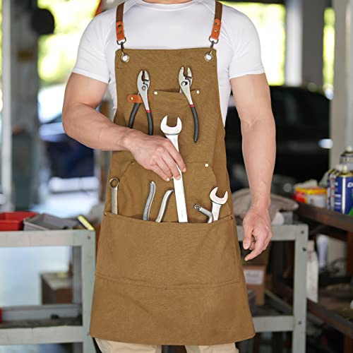 Aoomzoon Canvas Aprons for Men Chef Apron, Work Apron with Large Pockets - 16oz Heavy Duty Cross Back, BBQ, Cooking - color: Brown