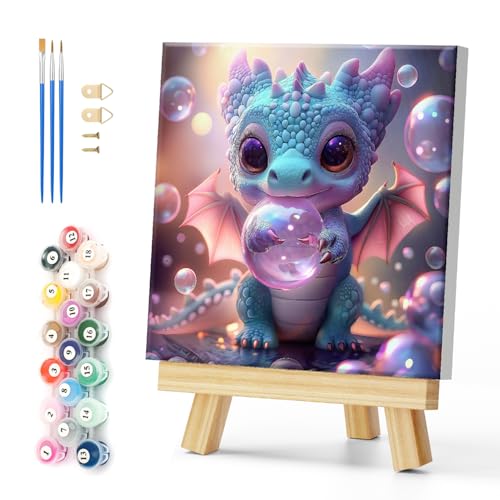 Natuyalo Framed Paint by Numbers Kit for Adults Beginner, Dragon Baby Acrylic Adult Paint by Number Kits on Canvas with Frame, Blow Bubbles Canvas Painting Perfect for Home Decor 12"x12" - color: Color-08