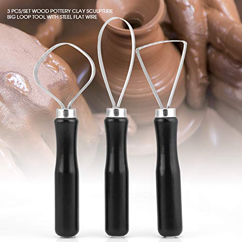 Clay Trimming Tool,Pottery Trimming Tools, 3 Pcs/Set Wood Pottery Clay Sculpture Big Loop Tool 3pcs Sculpting Tools Ceramic with Steel Flat Wire