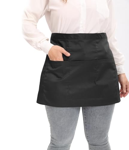 Server Aprons Large Size W 3 Pockets - Half Waist Apron in Black for Women Men - color: Black