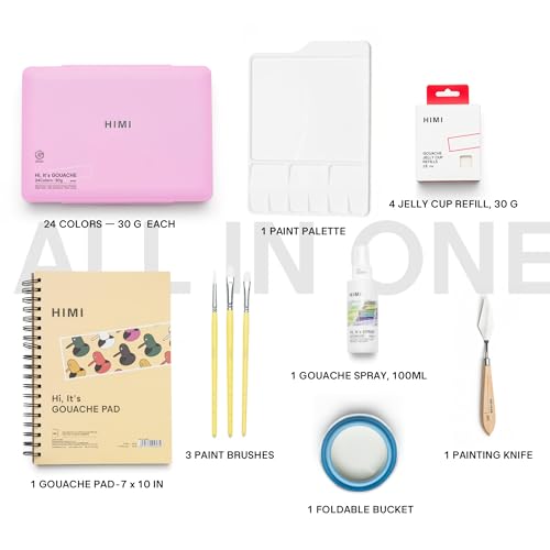 HIMI Deluxe 24 Colors Jelly Gouache Paint Gift Set – Complete Art Kit with Pad, Spray, Palette, Brushes, Painting Knife, Foldable Bucket & Refills for Beginners, Students & Artists - color: 24 Colors