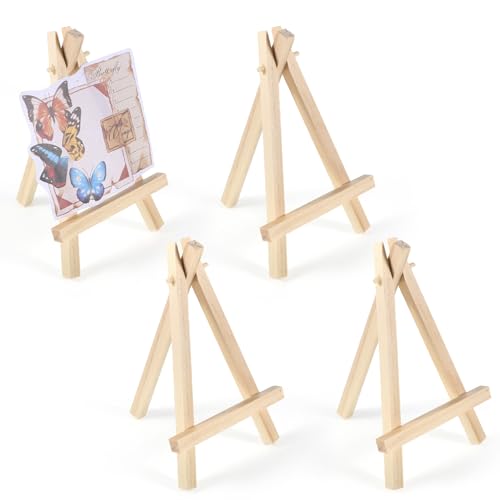 4 Pcs Wooden mini Easel Stand Small Table Top Easels, Natural Wood Easels Artist Triangle Easel for Displaying Business Cards Photos Desktop Home Decoration