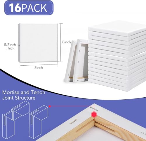 ESRICH Stretched Canvas for Painting, 16 Pack 8x8 Square Canvases for Painting Primed Acid-Free Blank Canvases,Painting Canvas for Beginners, Artists for Oil,Acrylic Paint, Pouring Painting. - size: 8x8in-16P