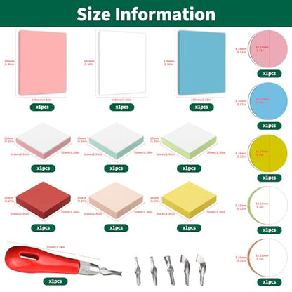 21Pcs Linocut Kit for Printmaking & Stamp Carving, 14Pcs Soft Rubber Linoleum Blocks and Carving Tool for Beginner Printing Craft Supplies