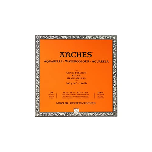 Arches Watercolor Block 12x12-inch Natural White 100% Cotton Paper - 20 Sheets of Arches Watercolor Paper Rough 140 lb - Arches Art Paper for Watercolor Gouache Ink Acrylic and More - size: 12"x12", style: Rough