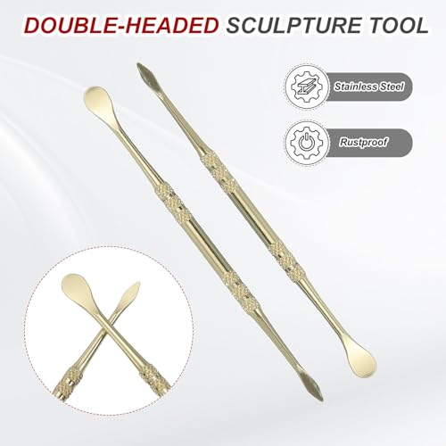 HARFINGTON 22pcs Wax Carving Tool 4.8" Double-Headed Stainless Steel Sculpture Tools Kit Modeling Engraving Sculpting Spoons for Clay Pottery Crafts Shaping, Gold Plated - color: Gold Plated