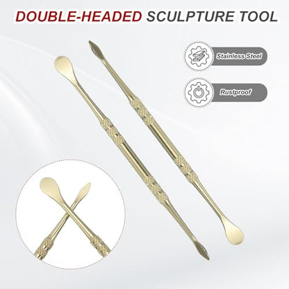 HARFINGTON 22pcs Wax Carving Tool 4.8" Double-Headed Stainless Steel Sculpture Tools Kit Modeling Engraving Sculpting Spoons for Clay Pottery Crafts Shaping, Gold Plated - color: Gold Plated
