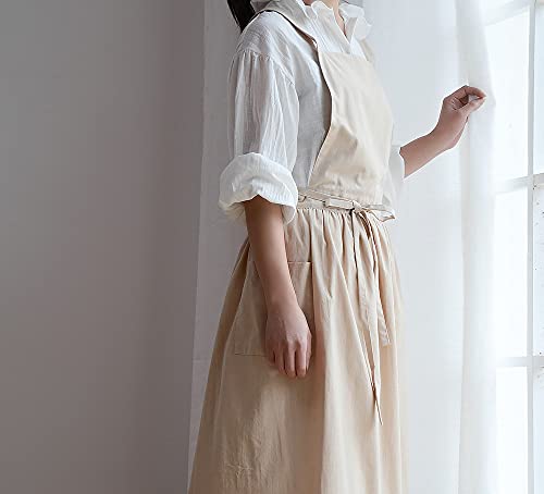 VLZUFE Women Cotton Linen Cross Back Apron with Pockets for Gardening Works Pinafore Dress - color: Wheat