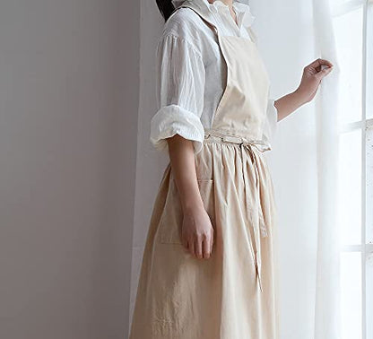 VLZUFE Women Cotton Linen Cross Back Apron with Pockets for Gardening Works Pinafore Dress - color: Wheat