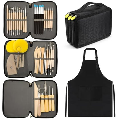 43 Pcs Pottery Tools Pottery Sculpting Tool, Potterys Kit, Clay Sculpting Tools at Home, Ceramics Tool Set with Carrying Case Bag and Apron, for Potterys Wheel, DIY Art and Craft (Natural Wood Color) - color: Natural Wood Color