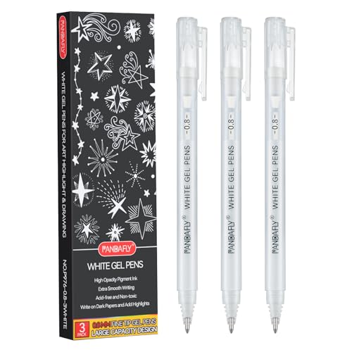 PANDAFLY White Gel Pens, 3-Pack, 0.8mm Fine Point Opaque Gel Ink Pens | White Archival Ink Pens for Highlights, Black Paper Drawing, Sketching, Illustration, Card Making, Bullet Journaling - style: White-0.8mm