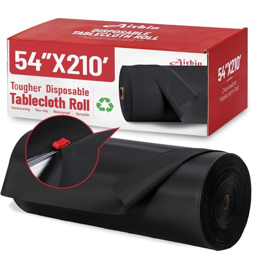 Plastic Tablecloth Roll, 210 Ft x 54 In Black Plastic Table Cloth Roll | Disposable Tablecloth with Cutter PEVA Plastic Table Cover Roll Waterproof Table Cloth for Banquets, Festivals, Parties - color: Black, size: 2520" x 54" (Rectangular)