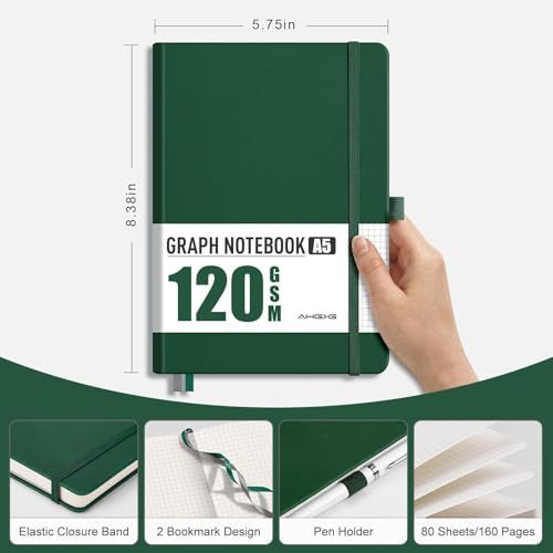 AHGXG Graph Paper Notebook, 120 GSM Paper, 160 Pages, A5 (5.7'' X 8.3'') - color: Dark Green, style: A5-Grid-120G