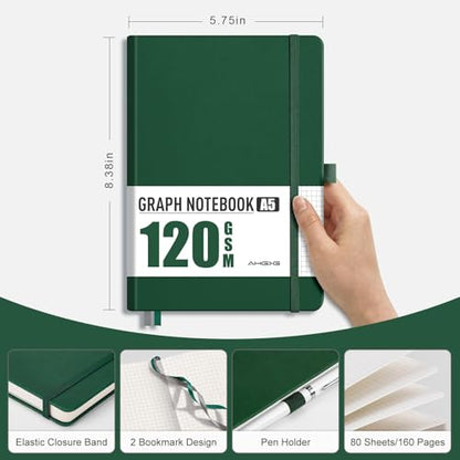 AHGXG Graph Paper Notebook, 120 GSM Paper, 160 Pages, A5 (5.7'' X 8.3'') - color: Dark Green, style: A5-Grid-120G