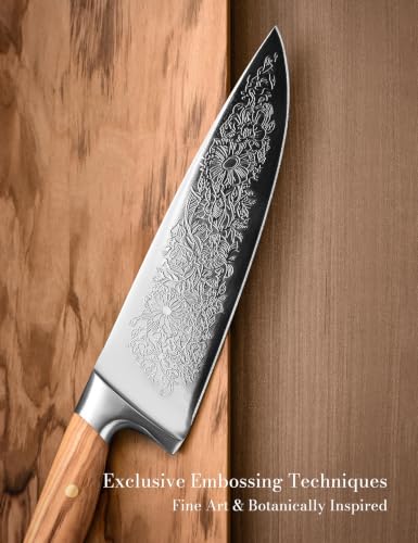 Chef Kitchen Knife 8", Embossed Botanical Blade, Olive Wood Handle | Created in collaboration with a German designer. Includes leather sheath and gift box for elegant presentation
