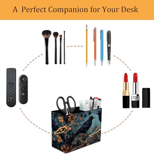 Pen Holder for Desk, PU Leather Multifunctional Desktop Storage Box and Anti-Slip Mouse Pad Set, Makeup Brush Holder Pen Organizer for Office and Home - Branch Crow - color: Branch Crow