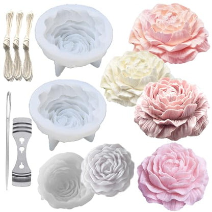 Large&Small Peony Flower Silicone Soap Molds 3PCS Peony Silicone Candle Mold with Large-Eye Wicking Needle,Candlewick for Chocolate Cake Candy Moulds Epoxy Resin Plaster Clay - color: off-white