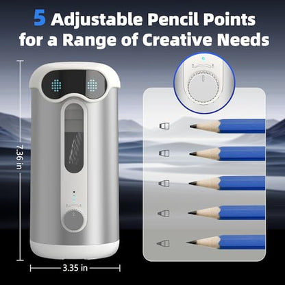 VUSIGN Automatic Pencil Sharpener, Quiet 60dB Robot Pencil Sharpener with DIY Face Stickers, Rechargeable, Auto Stop for 6.9–10.8mm No.2/Colored Pencils, Kids Classroom/Home Use (Silver)