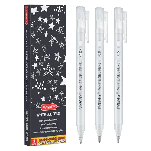PANDAFLY White Gel Pens, 3-Pack, 0.5/0.8/1.0mm Assorted Tip | Opaque White Archival Ink Pens for Highlights, Black Paper Drawing, Sketching, Illustration, Card Making, Bullet Journaling - style: White-0.5+0.8+1.0mm