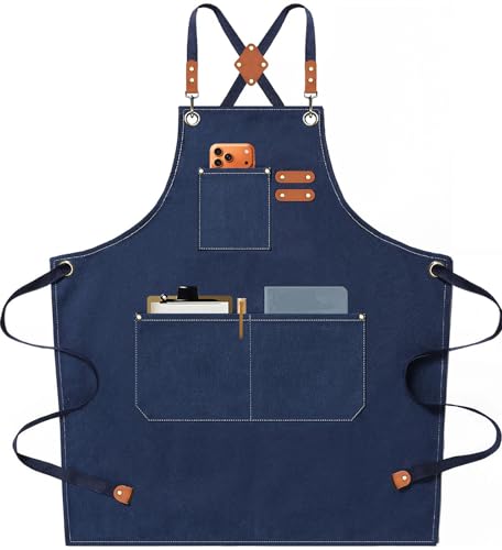 Chef Aprons for Men Women with Oversized Pockets, 16-Ounce Cotton Canvas Cross Back Heavy Duty Work Apron (Dark Blue) - color: Dark Blue