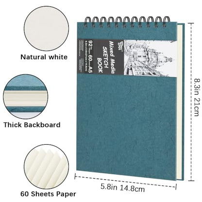 8.3" x 5.8" Hardcover Sketchbook, Top Spiral Bound Art Journal Sketchbook, 60 Sheets 92LB/150 GSM Acid-Free Drawing Neutral White Mixed Media Paper for Adults Beginners Artists.Blue Green - color: 150gsm-neutral white paper blue green