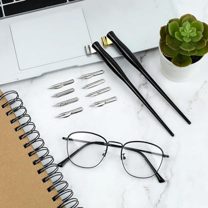 10PCS Oblique Calligraphy Dip Pen Set - 2-in-1 Drawing Pen Holder with 8 Pieces Stainless Steel Pen Replacement Nibs for Writing, Painting, Signing, Sketch - color: black