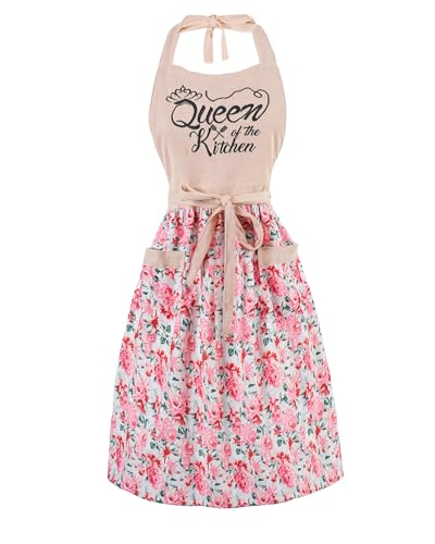 Cute Floral Apron for Women with Pockets, Cotton, Adjustable Straps - color: Pink