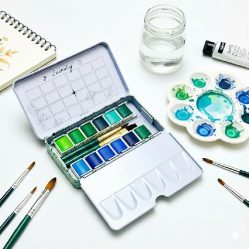 Watercolor Paint Set, 12 Colors Half Pans with Brush, Travel Portable Metal Tin Palette for Adults and Artists (Ocean Forest Tone) - color: Ocean Forest Tone