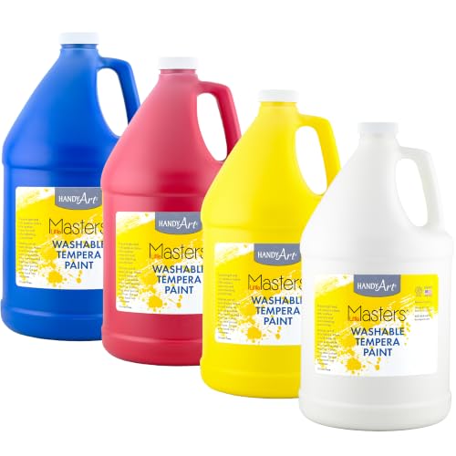 Handy Art Little Masters Washable Tempera Paint, Primary Set of 4 Gallons, 128 oz Bottles, Bright & Mixable, High Opacity, Washable Colors for Classroom, Students, Kids, Safe & Non-Toxic, Made in USA - style: 128 Fl Oz Primary Set of 4